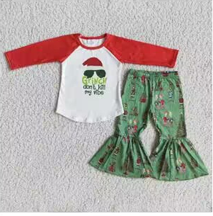 6 A9-20 Christmas Red Green Cartoon Santa Girls Long Sleeve Bell Bottom Pants Outfits