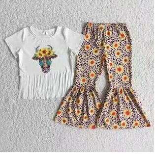 C4-2 Leopard Cow Sunflower  Girls Short Sleeve Bell Bottom Pants Outfits