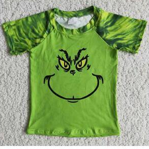 D3-5 Christmas Green Raglan Cartoon Short Sleeve Top Boys T-shirts