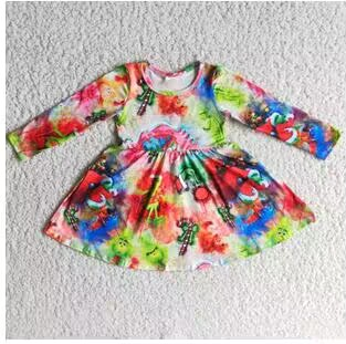 Clearance 6 A15-3  Christmas Green Red  Cartoon Girls Long Sleeve Dresses