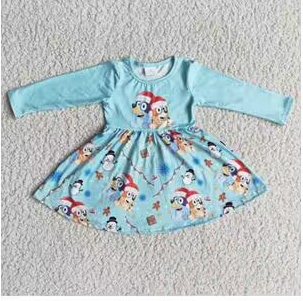 6 A20-27 Christmas Blue Dog Cartoon  Girls Long Sleeve Dresses