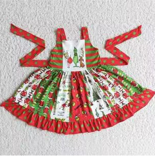 C8-15 Christmas Red Green Cartoon Start Santa Patchwork Belt Girls Sleeveless Sleeve Dresses