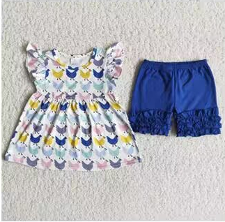 A10-11 Farm Life Blue  Chicken Girls Flutter Sleeve Shorts Outfits