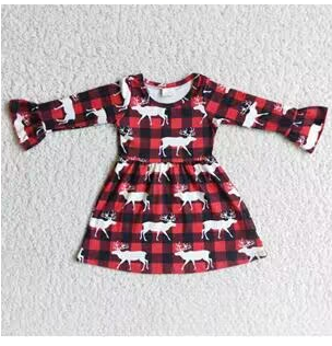 Clearance 6 B2-21 Christmas Red Deer  Girls Long Sleeve Dresses