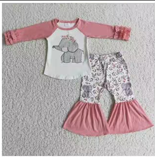 Clearance 6 A28-18 Pink Elephant Girls Long Sleeve Bell Bottom Pants Outfits