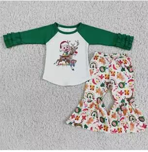 Clearance   6 A18-20  Christmas Red Green Co Cartoon Girls Long Sleeve Bell Bottom Pants Outfits