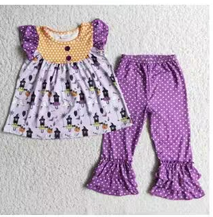 D2-3 Halloween  Purple Yellow Tunic Girls Short Sleeve Pants Outfits