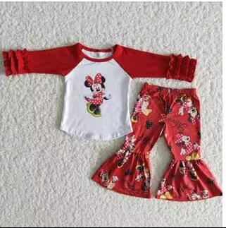 6 A14-28 Red Mouse Cartoon Girls Long Sleeve Bell Bottom Pants Outfits