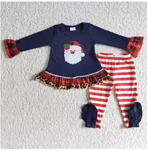 6 C7-2 Christmas Santa Red Blue Stripes Embroidery Girls Long Sleeve Pants Outfits