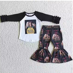 6 B0-1 Halloween Witch Cartoon Black Ruffles Girls Long Sleeve Bell Bottom Pants Outfits