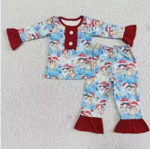 6 A15-4 Christmas Blue Cartoon Dog Girls Long Sleeve Pants Outfits Pajamas