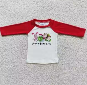 Clearance  6 B10-22 Merry Christmas Friend Red Green Cartoon Boys Long Sleeve Top T-shirts