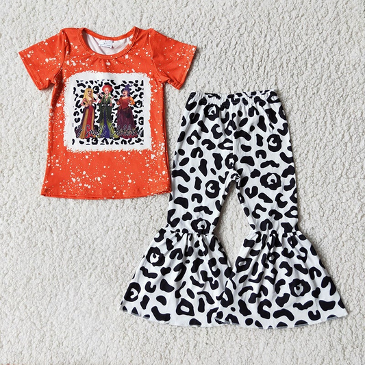 E3-18 Halloween Witch Orange Leopard Girls Short Sleeve Pants Outfits