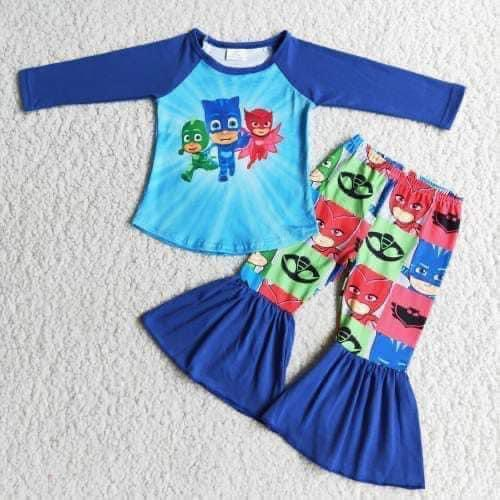 Clearance 6 C9-3 Blue Red Speed Cartoon Girls Long Sleeve Bell Bottom Pants Outfits