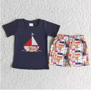 C8-10 Red Blue Boat Embroidery Boys Short Sleeve Shorts Outfits