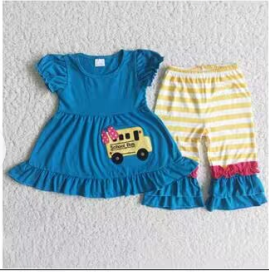 C5-21 Blue Yellow Back To School Bus Embroidery Girls Flutter Sleeve Shorts Outfits