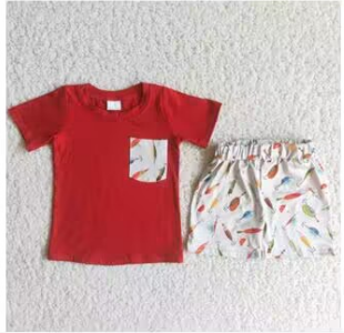 A13-12 Red Fish Cartoon Pocket Boys Short Sleeve Shorts Outfits