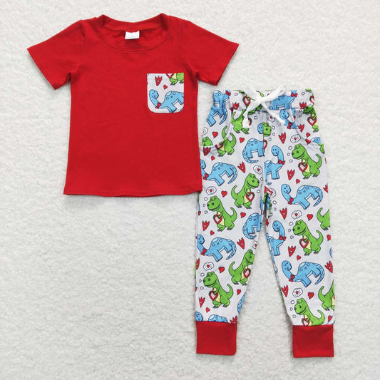 BSPO0235 Valentine Love Red Dinosaur Boys Short Sleeve Bell Bottom Pants Outfits Pajamas