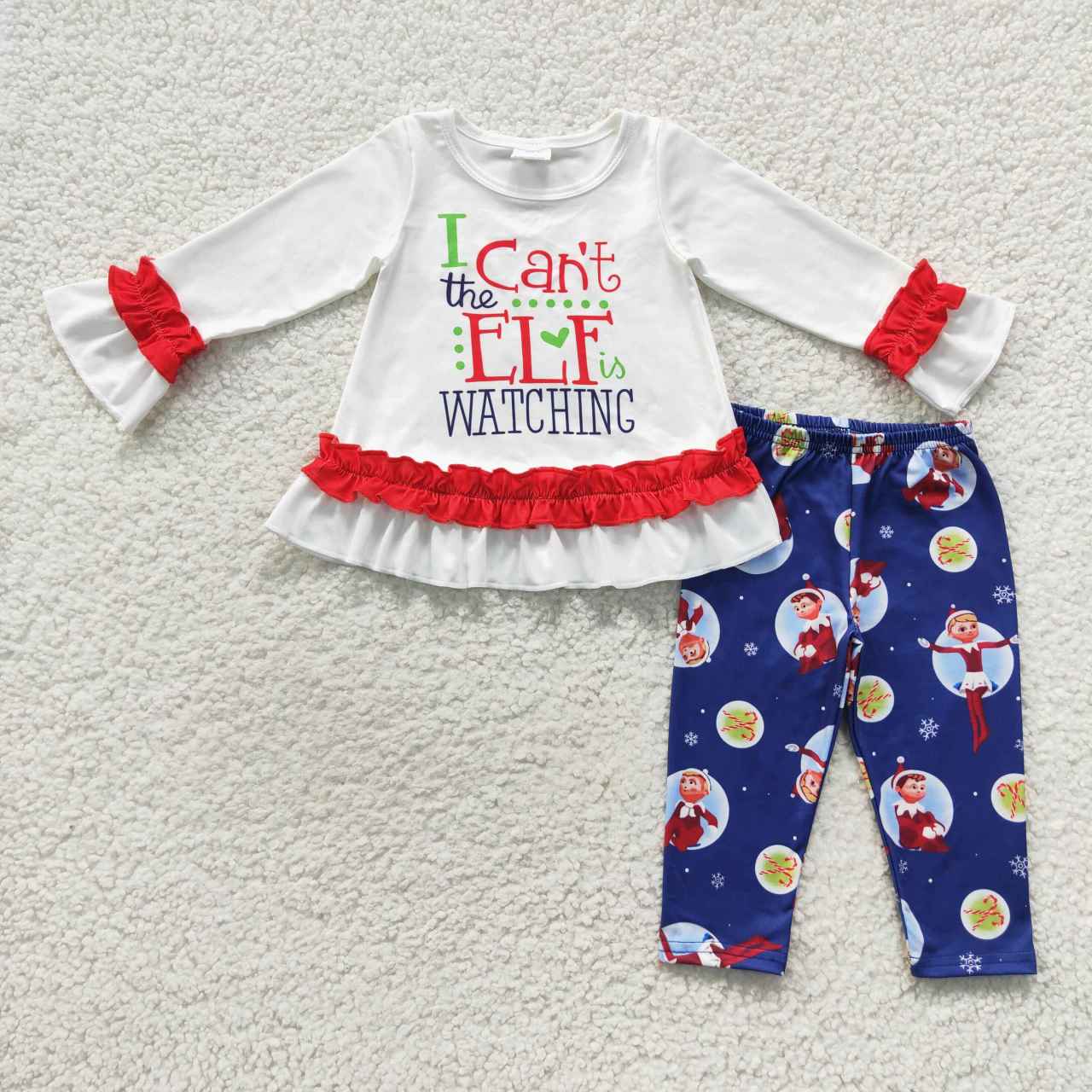 GLP0641 Christmas  Red Blue Cartoon I can't Watching Girls Long Sleeve Pants Outfits