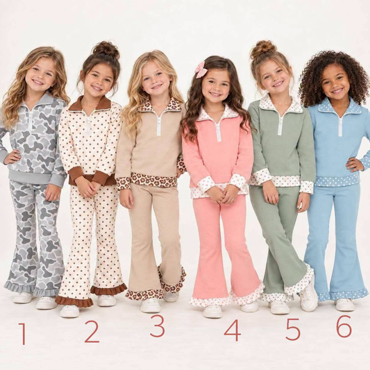 Preorder MOQ 5 pcs Each Style Polo Pullover Ruffle Flared Pants Girls Set Kids Matching Clothes