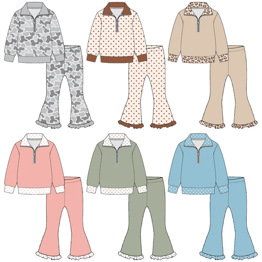 Preorder MOQ 5 pcs Each Style Polo Pullover Ruffle Flared Pants Girls Set Kids Matching Clothes