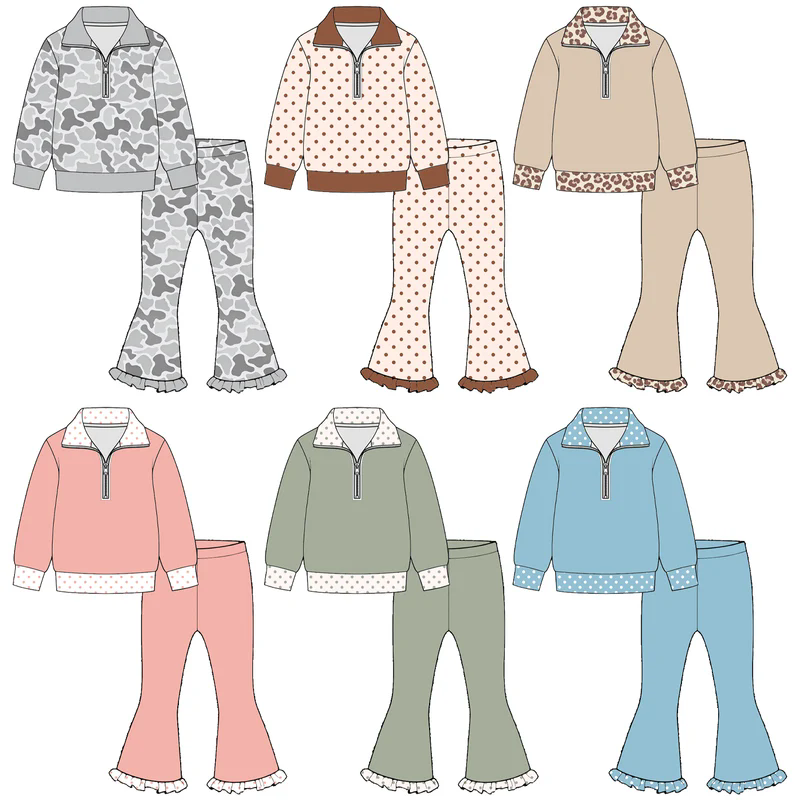 Preorder MOQ 5 pcs Each Style Polo Pullover Ruffle Flared Pants Girls Set Kids Matching Clothes
