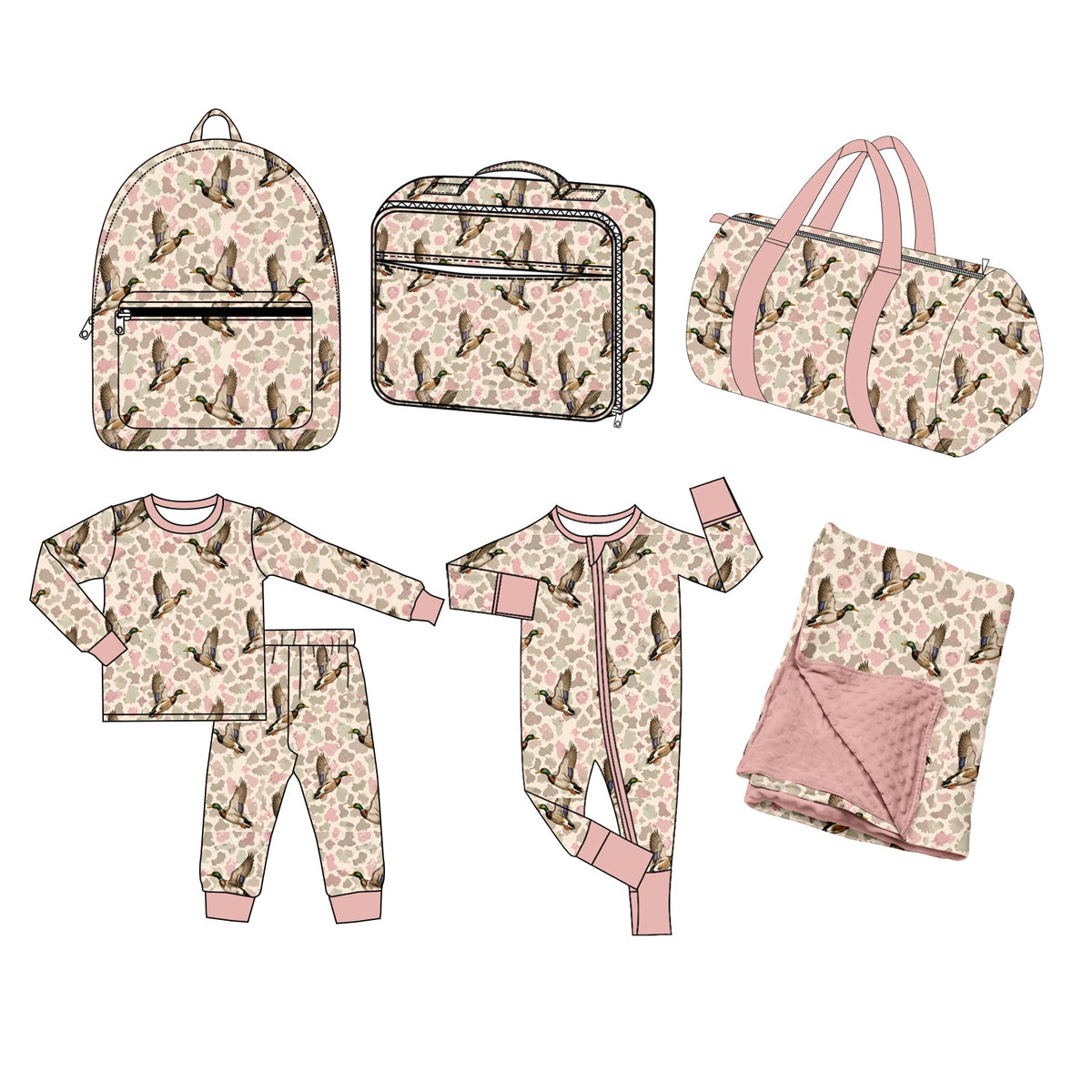 Preorder MOQ 5 pcs Each Style Mallard Ducks Camo Pink Kids Matching Clothes, Bags & Blanket