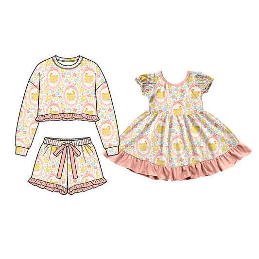 Preorder MOQ 5 pcs Each Style Easter Eggs Chick Flower Bows Pink Ruffles Kids Matching Clothes