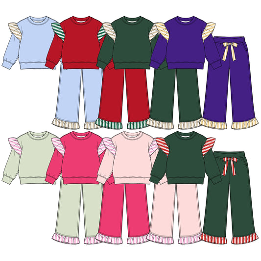 Preorder MOQ 5 pcs Each Color Solid Color Stripe Ruffles Girls Set