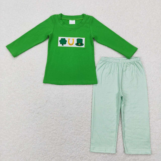 BLP0376  St. Patrick  Green Lucky Clover Embroidery Boys Long Sleeve Pants Outfits