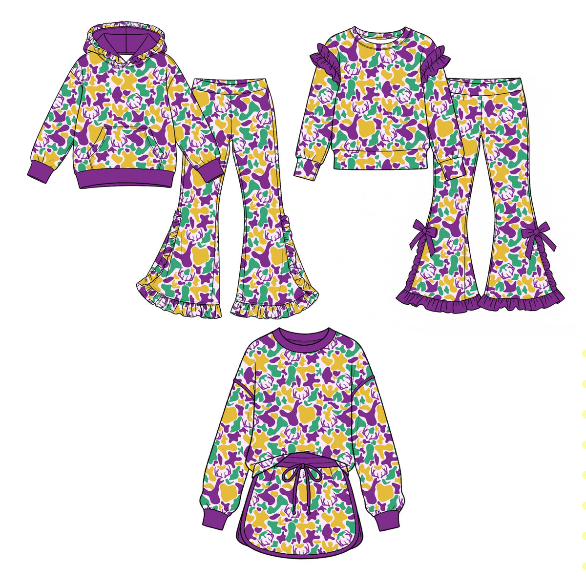 Preorder MOQ 5 pcs Each Style Mardi Gras Camo Ruffles Kids Matching Clothes 202609