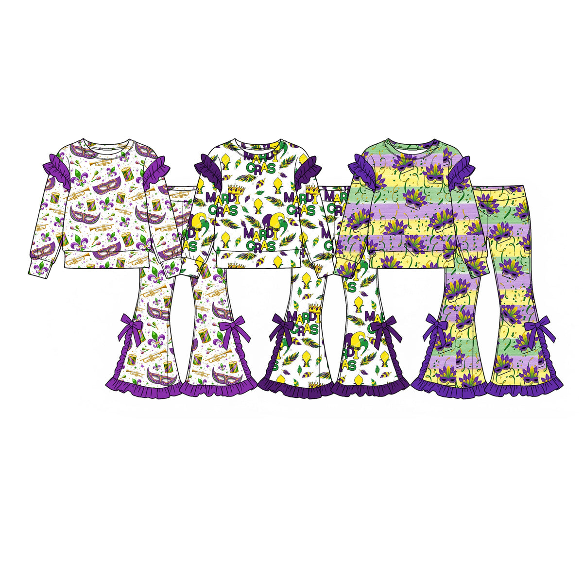 Preorder MOQ 5 pcs Each Style Mardi Gras Purple Ruffles Kids Matching Clothes
