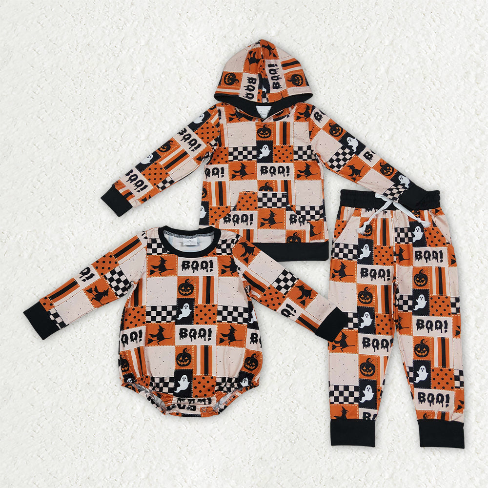 Halloween BOO Pumpkin Plaid Kids Sibling Matching Clothes