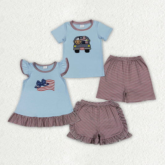 Sibling Matching Clothes Embroidered 4th of July Short Sleeve Shorts Boys Girls Sets 202605 RTS
