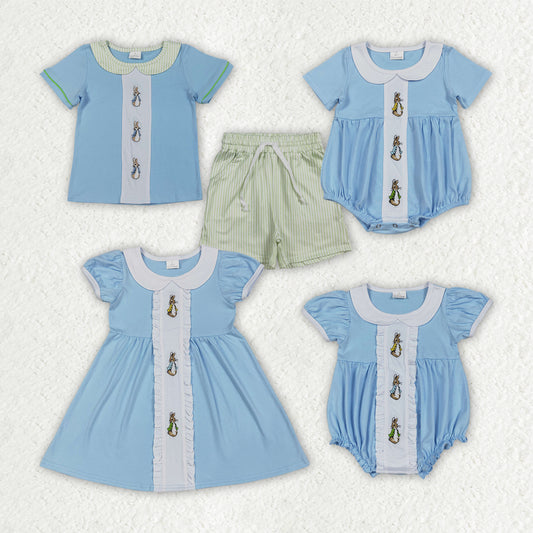 Sibling Matching Clothes Embroidered Easter Bunny Doll Collar Light Blue Sets 202603 RTS