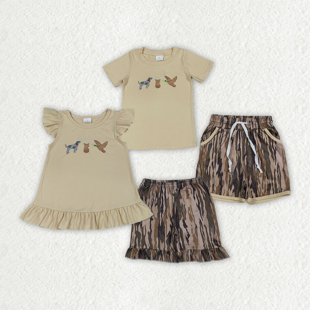 Sibling Matching Clothes Puppy Duck Deer Hunting Embroidered Khaki Short Sleeve Boys Girls Sets 202604 RTS
