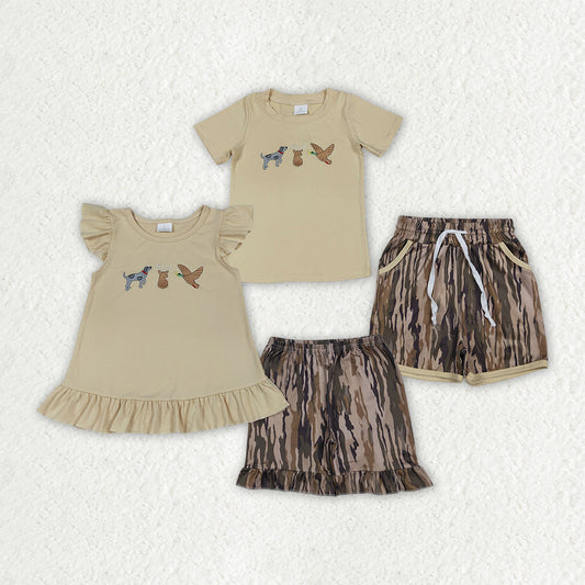 Sibling Matching Clothes Puppy Duck Deer Hunting Embroidered Khaki Short Sleeve Boys Girls Sets 202604 RTS