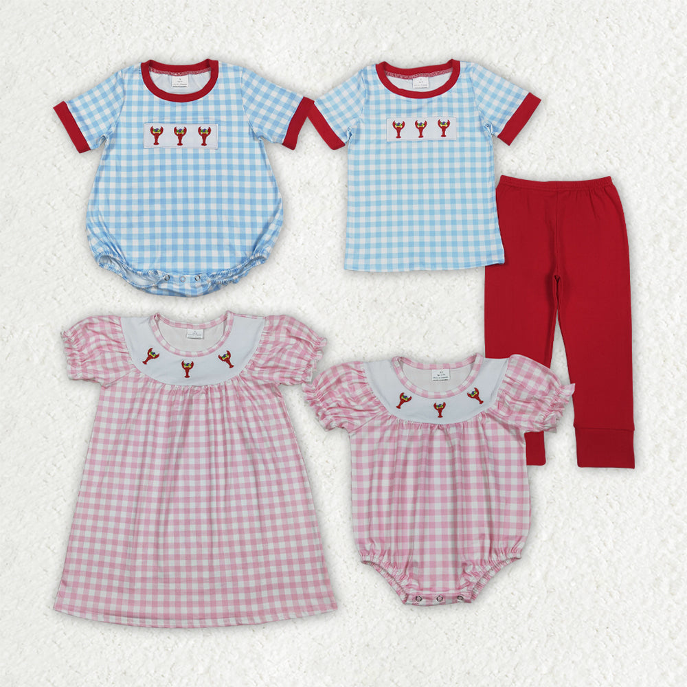 Sibling Matching Clothes Embroidered Mardi Gras Apparel Crayfish Pattern Short Sleeve Clothing 202511 RTS