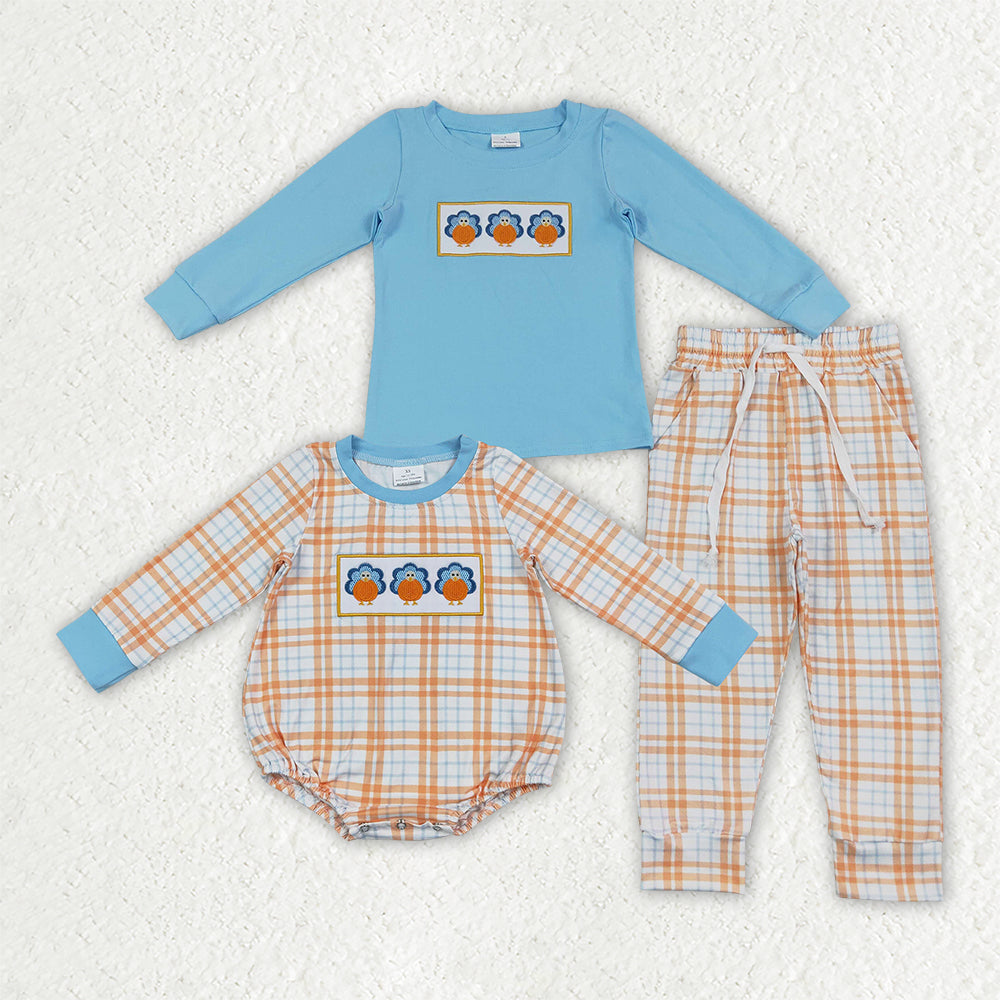 Embroidery Thanksgiving Day Turkey Plaid Kids Sibling Matching Clothes