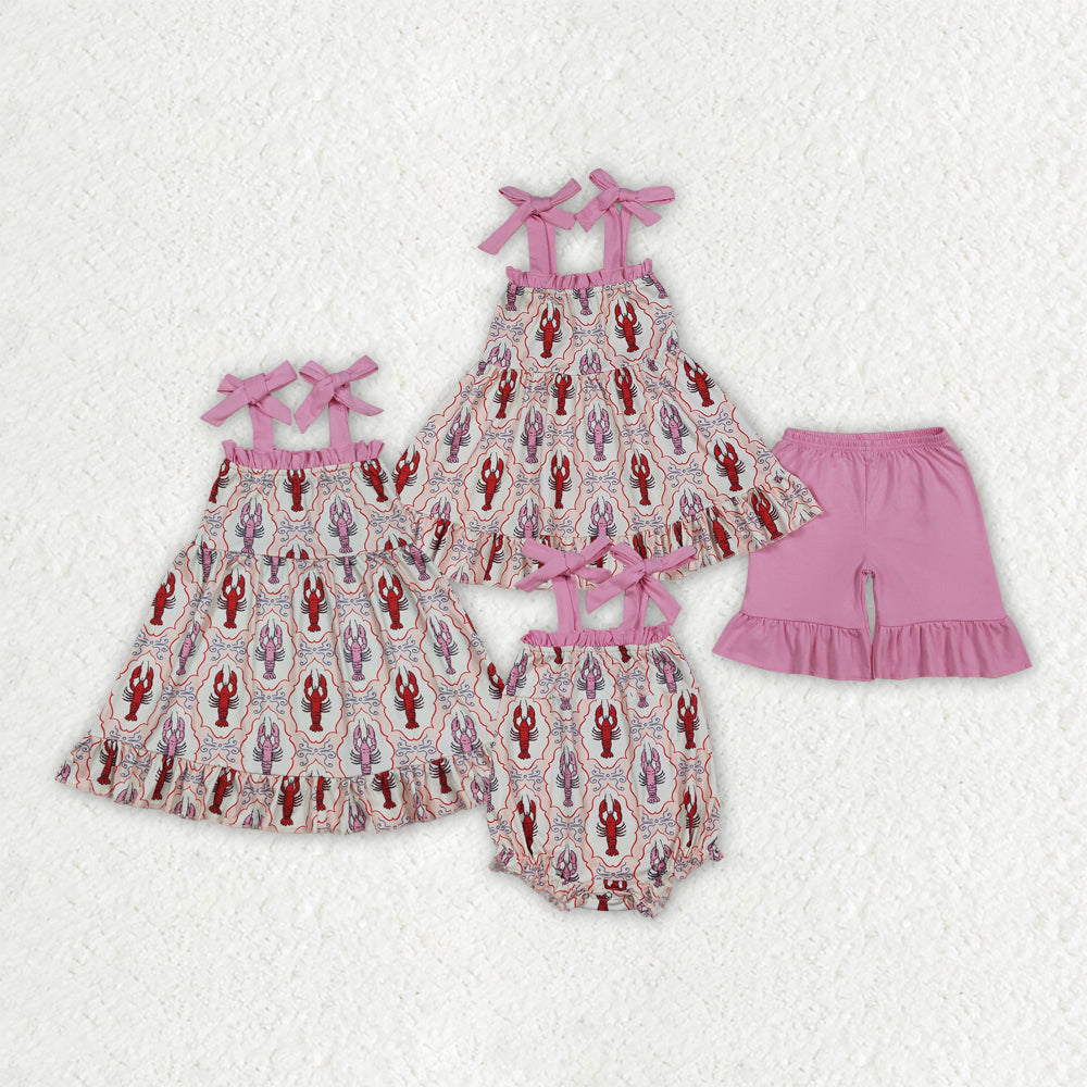Sibling Matching Clothes Crayfish Print Pink Ruffle Sleeveless Girls Outfit 202604 RTS