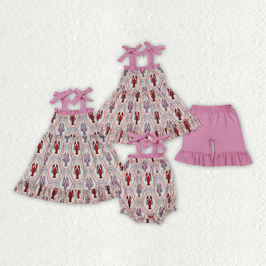 Sibling Matching Clothes Crayfish Print Pink Ruffle Sleeveless Girls Outfit 202604 RTS