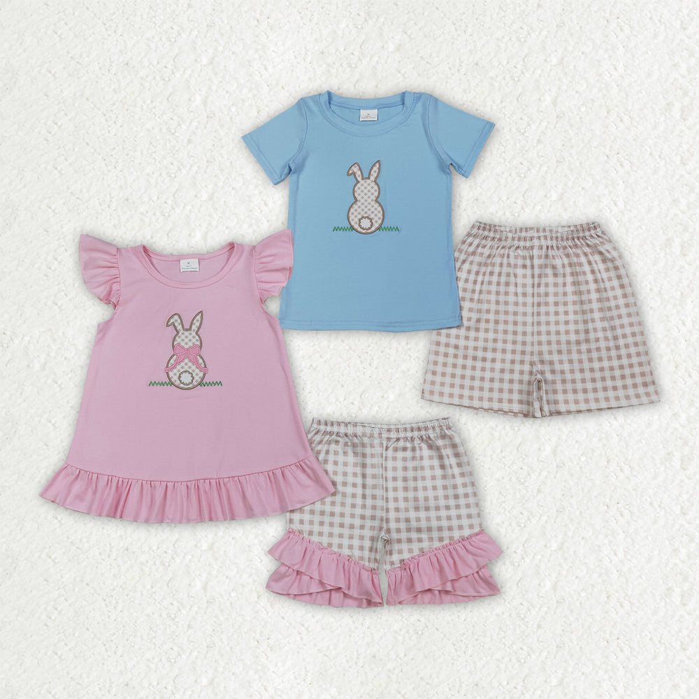 Sibling Matching Clothes Embroidered Easter Bunny Pink Blue Short Sleeve Boys Girls Sets 202603 RTS