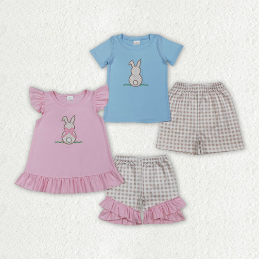 Sibling Matching Clothes Embroidered Easter Bunny Pink Blue Short Sleeve Boys Girls Sets 202603 RTS