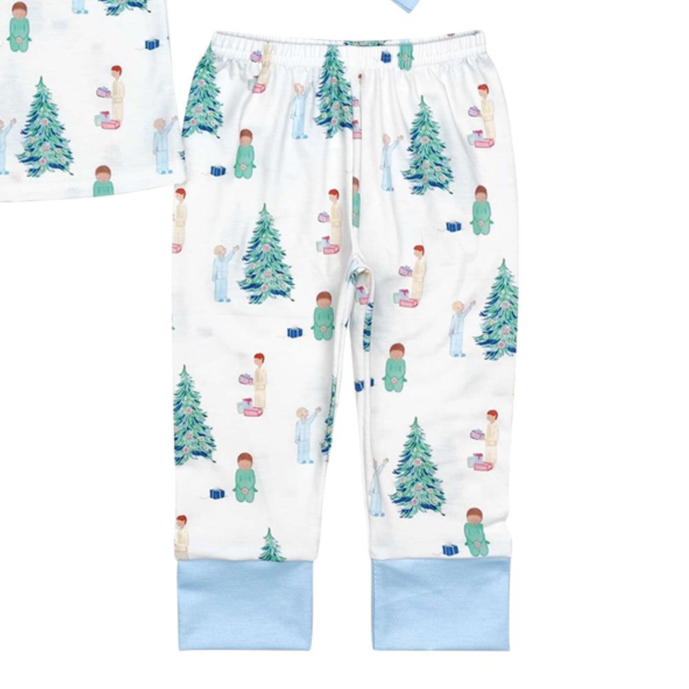 BLP0633 Modal Boys Christmas Tree gift Blue and white long sleeve pants pajamas set