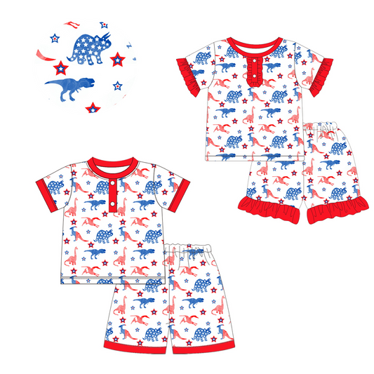 Preorder  GSSO0690 4th of July red blue flag Dinosaur  Girls Short Sleeve Shorts Outfits