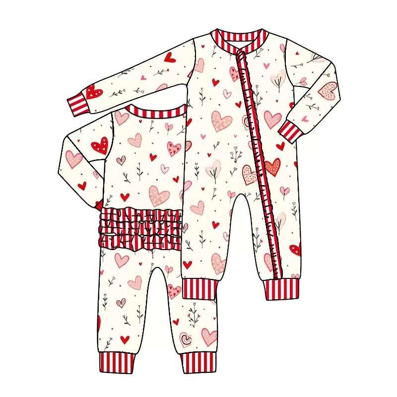 CUSTOM MOQ 5 PCS preorder Valentines Day Stripe Love Red Ruffle Zipper Long Sleeve Girls Romper 202511