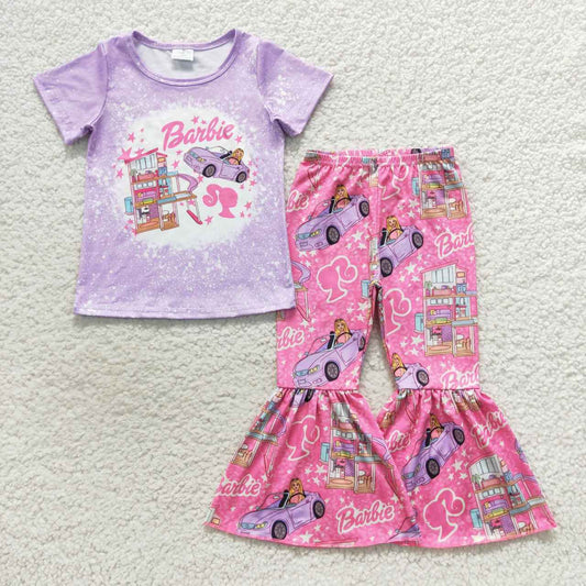 GSPO0798 Pink Purple Cartoon Girls Short Sleeve Pants Outfits