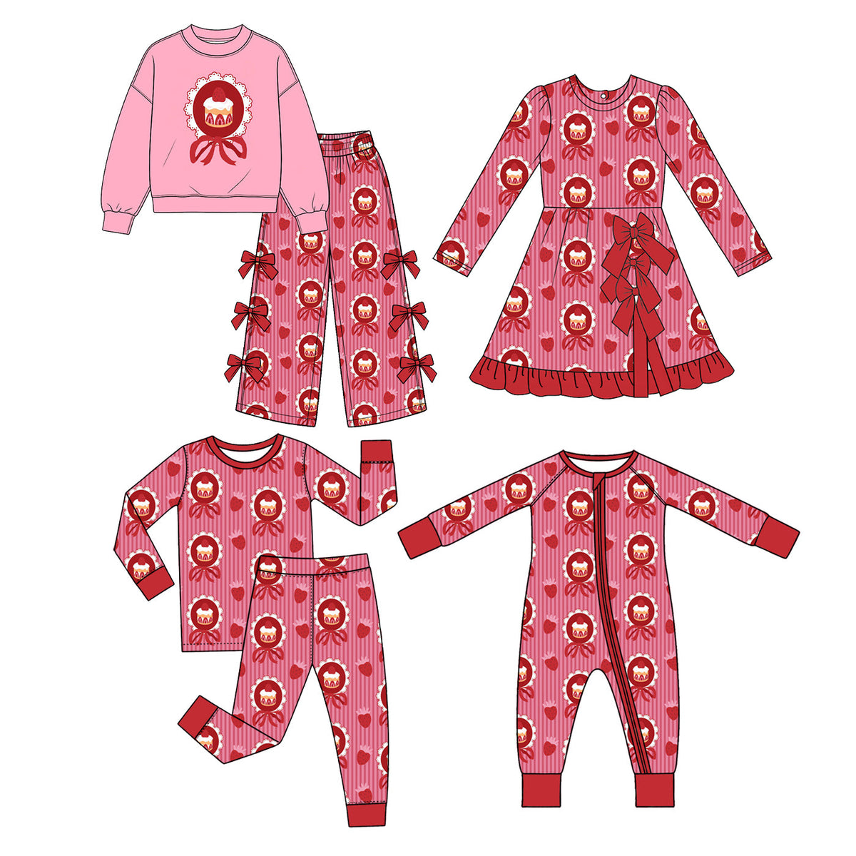 Preorder MOQ 5 pcs Each Style Happy Birthday Cake Bows Strawberry Kids Matching Clothes