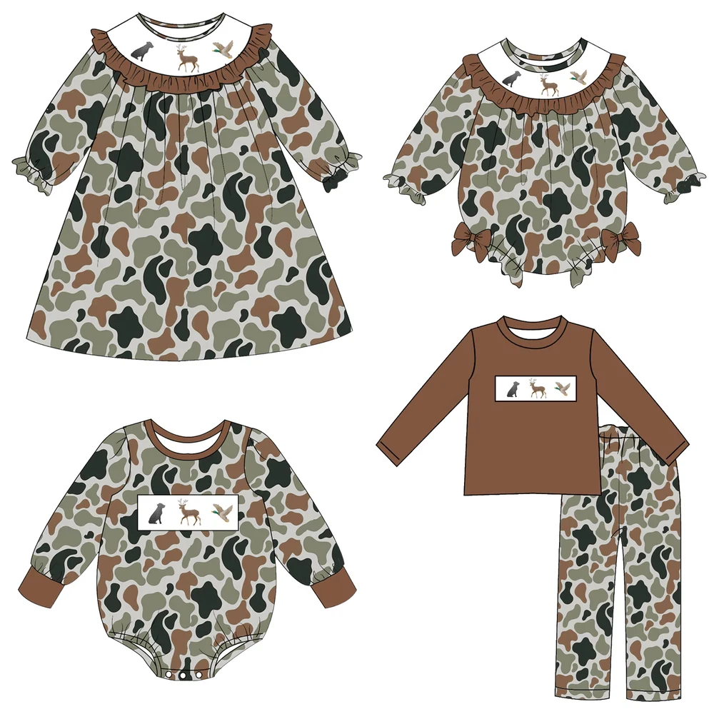 Preorder MOQ 5 pcs Each Style Hunting Camo Duck Puppy Deer Kids Matching Clothes