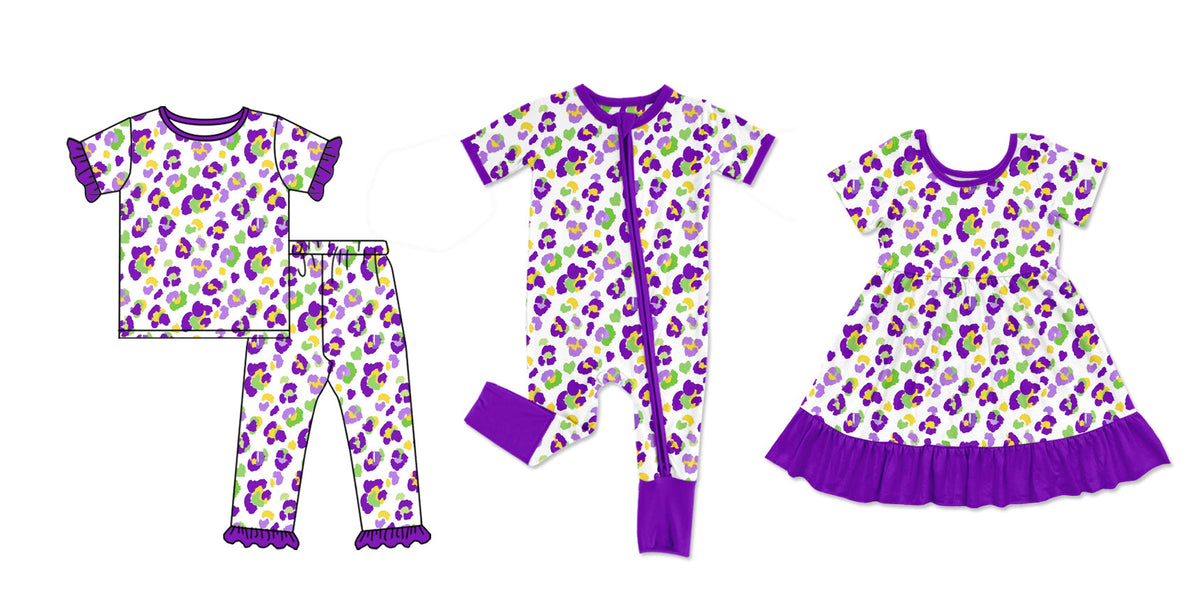Preorder MOQ 5 pcs Each Style Mardi Gras Leopard Purple Kids Matching Clothes 202609
